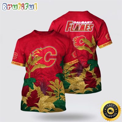 NHL Calgary Flames All Over Print T Shirt Tropical Forest Motifs Summer T Shirt