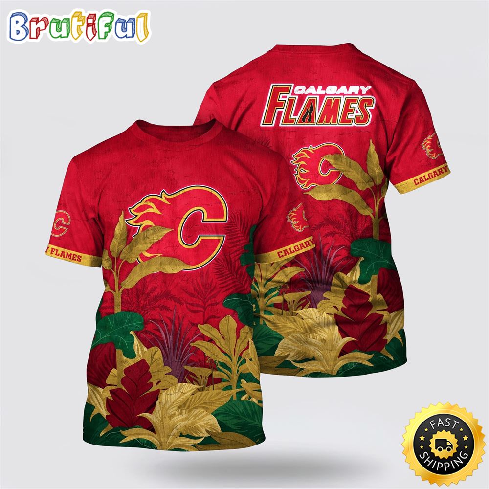 NHL Calgary Flames All Over Print T Shirt Tropical Forest Motifs Summer T Shirt