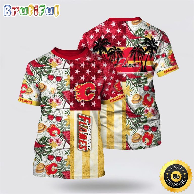 NHL Calgary Flames All Over Print T Shirt Tropical Hat And Glasses Pattern Summer T Shirt