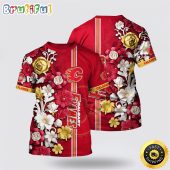 NHL Calgary Flames All Over Print T Shirt Tropical Hepatica Floral Pattern Summer T Shirt