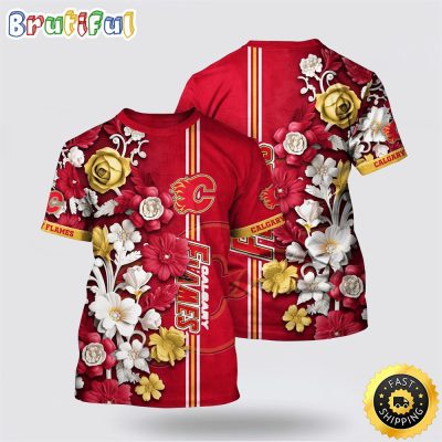 NHL Calgary Flames All Over Print T Shirt Tropical Hepatica Floral Pattern Summer T Shirt