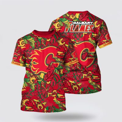 NHL Calgary Flames All Over Print T Shirt Tropical Leaf Pattern Summer T Shirt