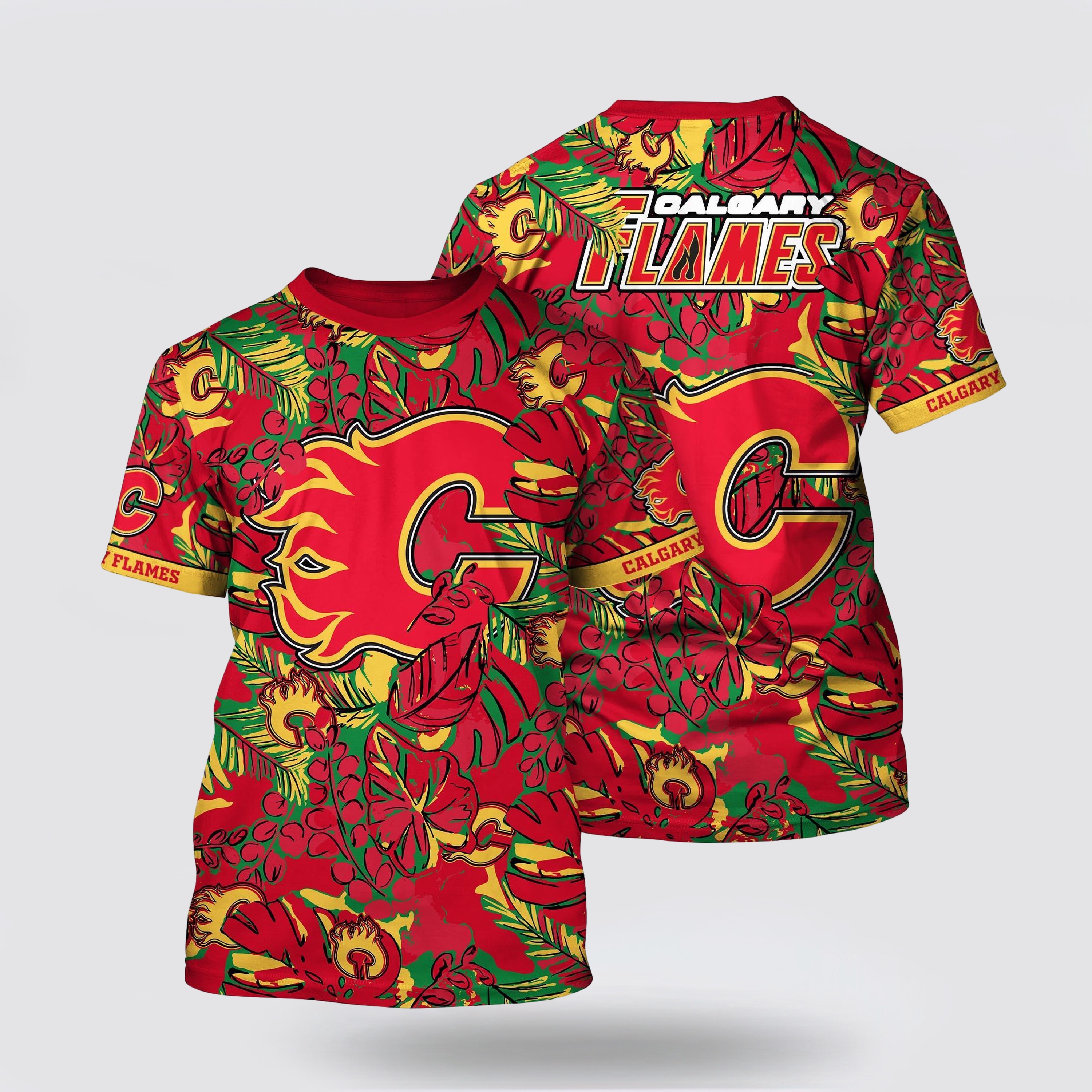 NHL Calgary Flames All Over Print T Shirt Tropical Leaf Pattern Summer T Shirt