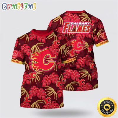 NHL Calgary Flames All Over Print T Shirt Tropical Motifs Summer T Shirt