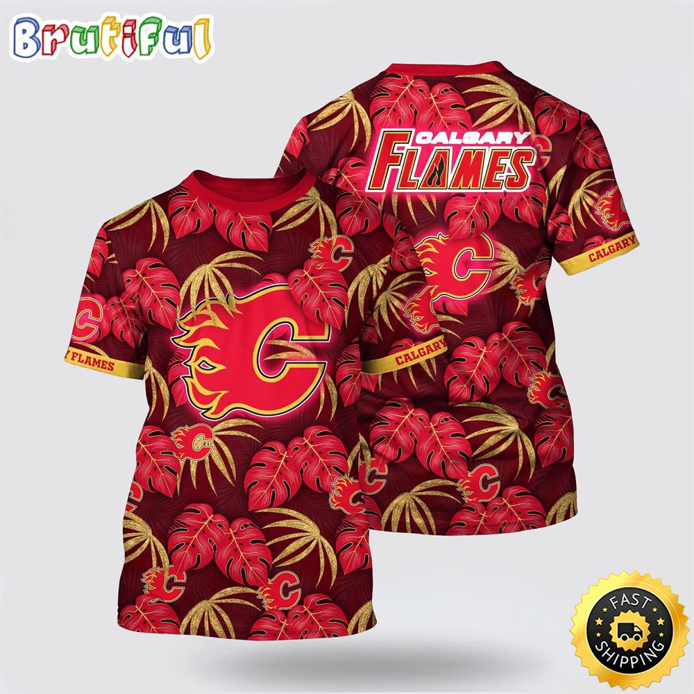 NHL Calgary Flames All Over Print T Shirt Tropical Motifs Summer T Shirt