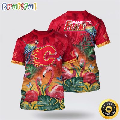 NHL Calgary Flames All Over Print T Shirt Tropical Parrot And Flamingo Motifs Summer T Shirt