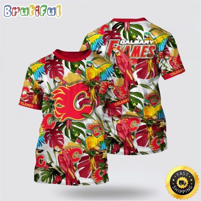 NHL Calgary Flames All Over Print T Shirt Tropical Parrot Pattern Summer T Shirt
