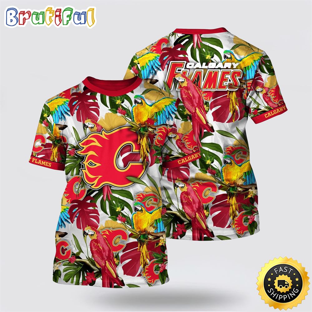 NHL Calgary Flames All Over Print T Shirt Tropical Parrot Pattern Summer T Shirt