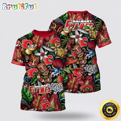 NHL Calgary Flames All Over Print T Shirt Tropical Tiki Pattern Summer T Shirt