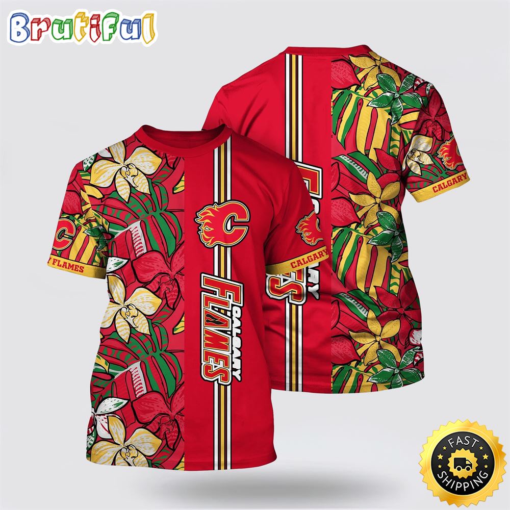 NHL Calgary Flames All Over Print T Shirt Tropical Tropical Forest Floral Pattern Summer T Shirt