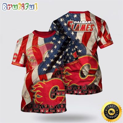 NHL Calgary Flames All Over Print T Shirt With American Flag Pattern Summer T Shirt