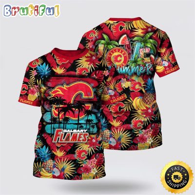 NHL Calgary Flames All Over Print T Shirt With Tropical Fruits Summer T Shirt
