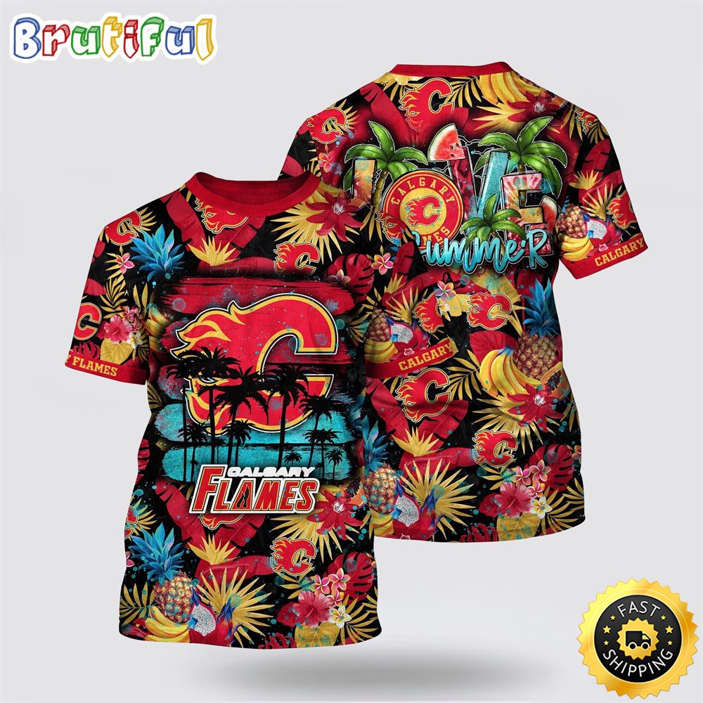 NHL Calgary Flames All Over Print T Shirt With Tropical Fruits Summer T Shirt