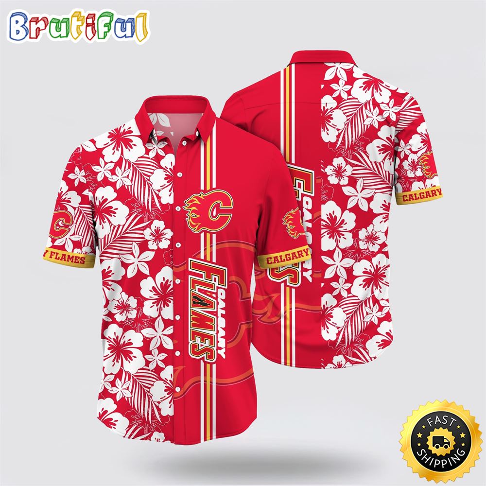 NHL Calgary Flames Hawaiian Shirt Tropical Apricot Blossom Pattern Summer Hawaiian Shirt