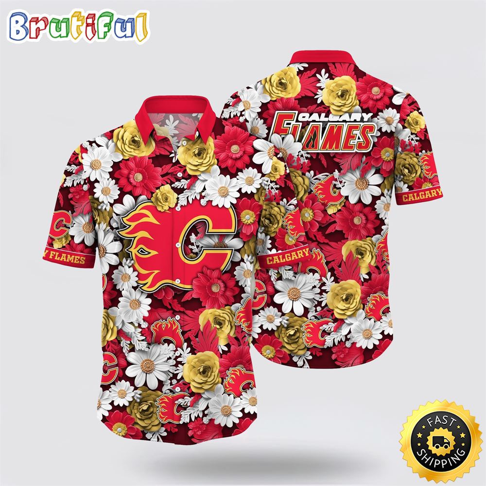 NHL Calgary Flames Hawaiian Shirt Tropical Begonia Flower Pattern Summer Hawaiian Shirt