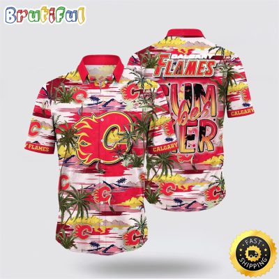 NHL Calgary Flames Hawaiian Shirt Tropical Desert Island Motif Summer Hawaiian Shirt