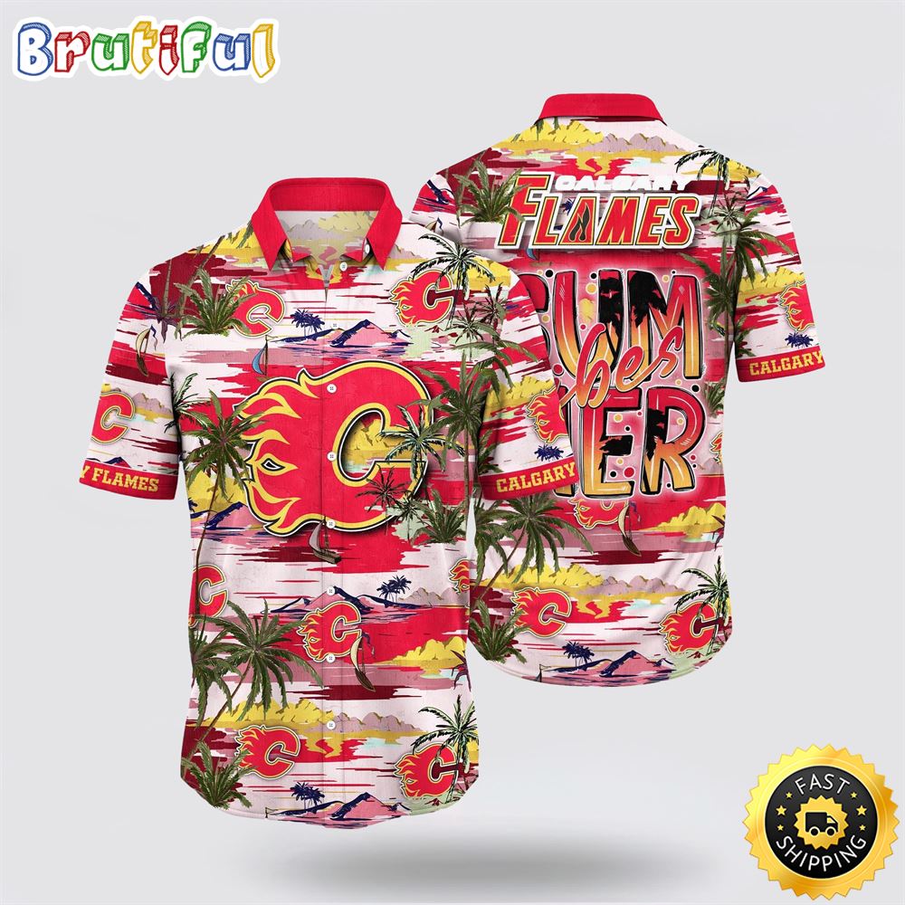 NHL Calgary Flames Hawaiian Shirt Tropical Desert Island Motif Summer Hawaiian Shirt