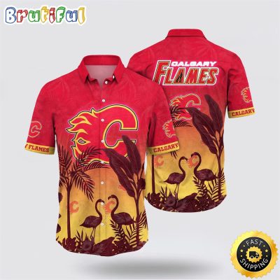 NHL Calgary Flames Hawaiian Shirt Tropical Flamingo Pattern Summer Hawaiian Shirt