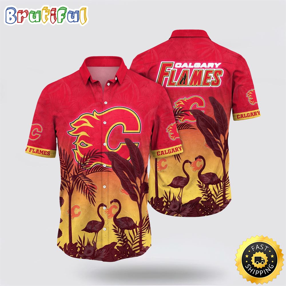 NHL Calgary Flames Hawaiian Shirt Tropical Flamingo Pattern Summer Hawaiian Shirt NHL Calgary Flames Hawaiian Shirt Tropical Flamingo Pattern Summer Hawaiian Shirt