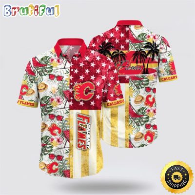 NHL Calgary Flames Hawaiian Shirt Tropical Hat And Glasses Pattern Summer Hawaiian Shirt