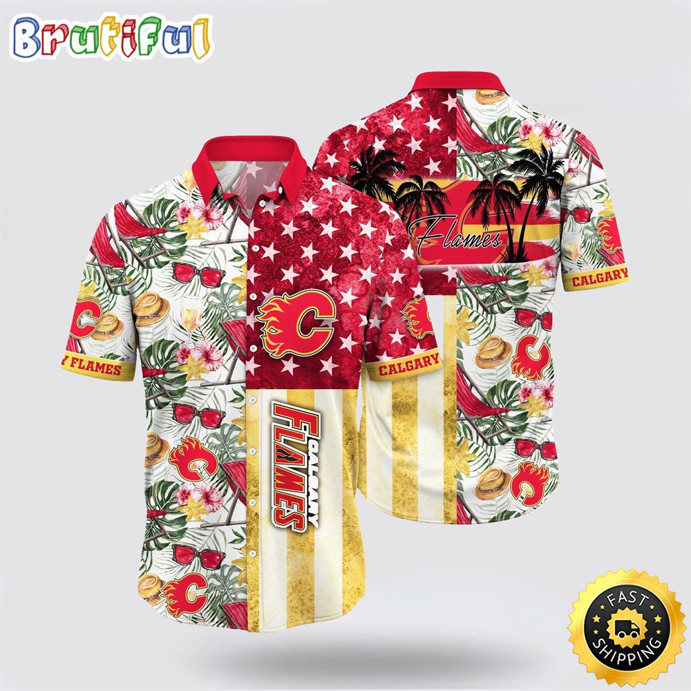 NHL Calgary Flames Hawaiian Shirt Tropical Hat And Glasses Pattern Summer Hawaiian Shirt NHL Calgary Flames Hawaiian Shirt Tropical Hat And Glasses Pattern Summer Hawaiian Shirt
