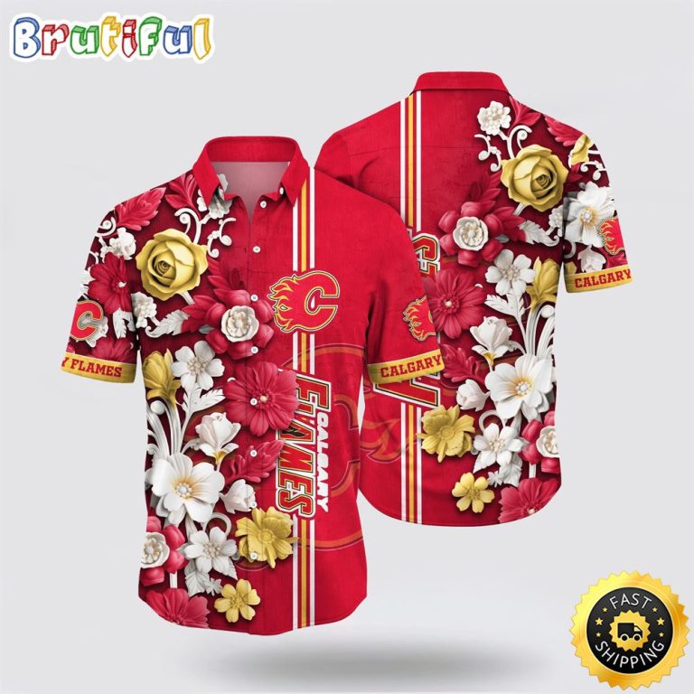 NHL Calgary Flames Hawaiian Shirt Tropical Hepatica Floral Pattern Summer Hawaiian Shirt