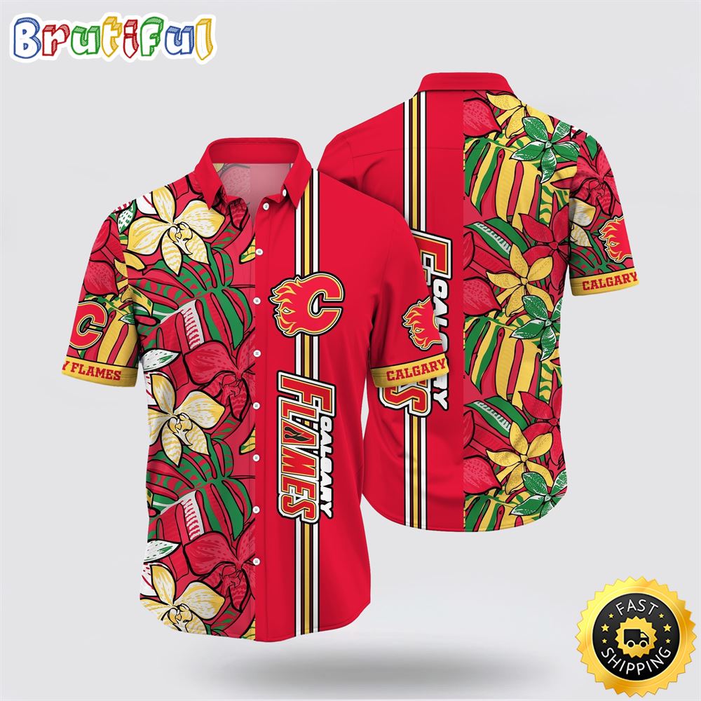 NHL Calgary Flames Hawaiian Shirt Tropical Tropical Forest Floral Pattern Summer Hawaiian Shirt NHL Calgary Flames Hawaiian Shirt Tropical Tropical Forest Floral Pattern Summer Hawaiian Shirt
