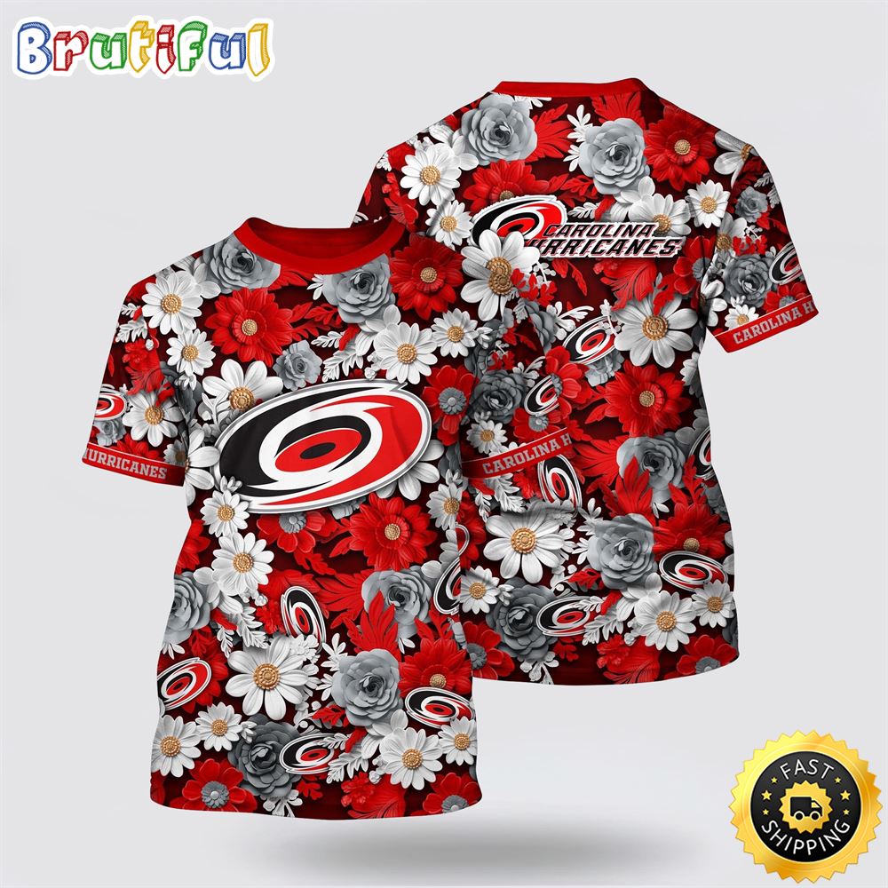 NHL Carolina Hurricanes All Over Print T Shirt Tropical Begonia Flower Pattern Summer T Shirt