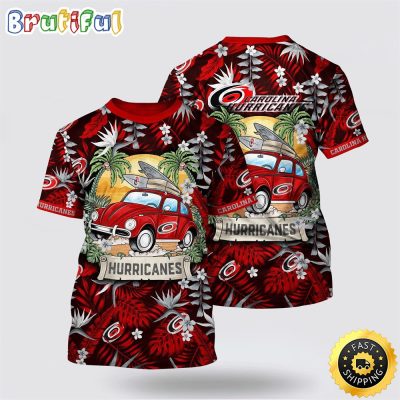 NHL Carolina Hurricanes All Over Print T Shirt Tropical Forest Motif Car Traveling Summer T Shirt