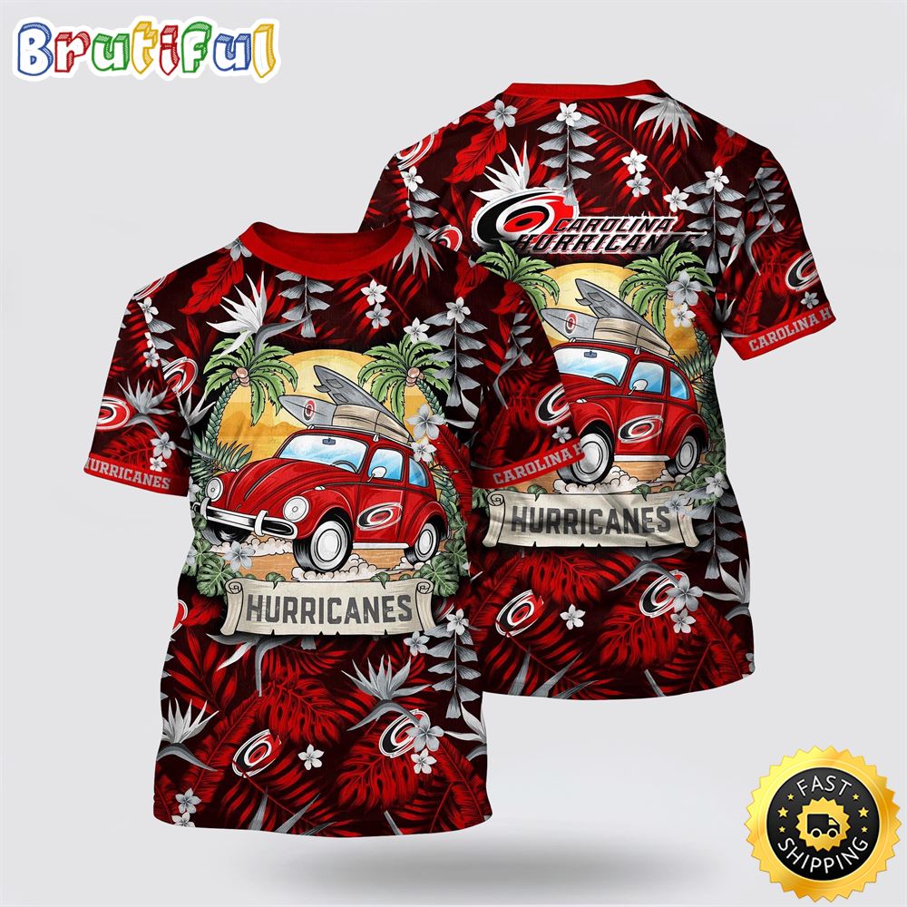 NHL Carolina Hurricanes All Over Print T Shirt Tropical Forest Motif Car Traveling Summer T Shirt
