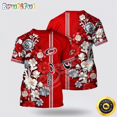 NHL Carolina Hurricanes All Over Print T Shirt Tropical Hepatica Floral Pattern Summer T Shirt