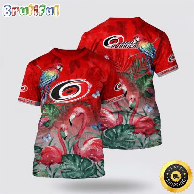 NHL Carolina Hurricanes All Over Print T Shirt Tropical Parrot And Flamingo Motifs Summer T Shirt