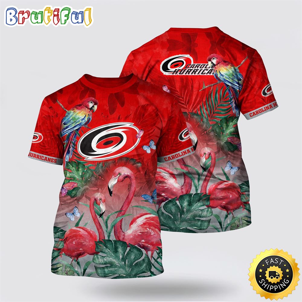 NHL Carolina Hurricanes All Over Print T Shirt Tropical Parrot And Flamingo Motifs Summer T Shirt NHL Carolina Hurricanes All Over Print T Shirt Tropical Parrot And Flamingo Motifs Summer T Shirt