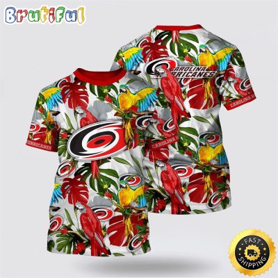 NHL Carolina Hurricanes All Over Print T Shirt Tropical Parrot Pattern Summer T Shirt