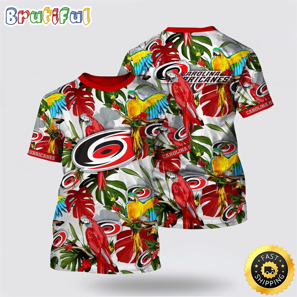 NHL Carolina Hurricanes All Over Print T Shirt Tropical Parrot Pattern Summer T Shirt