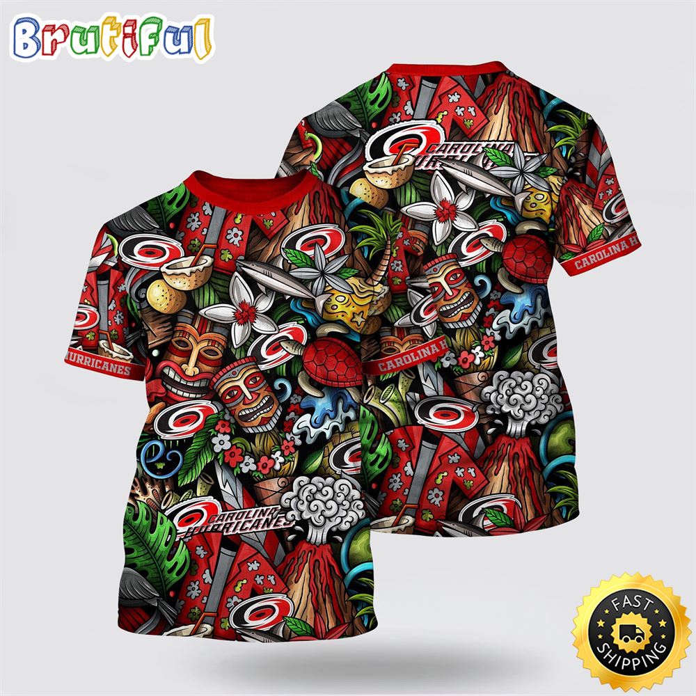 NHL Carolina Hurricanes All Over Print T Shirt Tropical Tiki Pattern Summer T Shirt