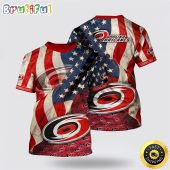 NHL Carolina Hurricanes All Over Print T Shirt With American Flag Pattern Summer T Shirt