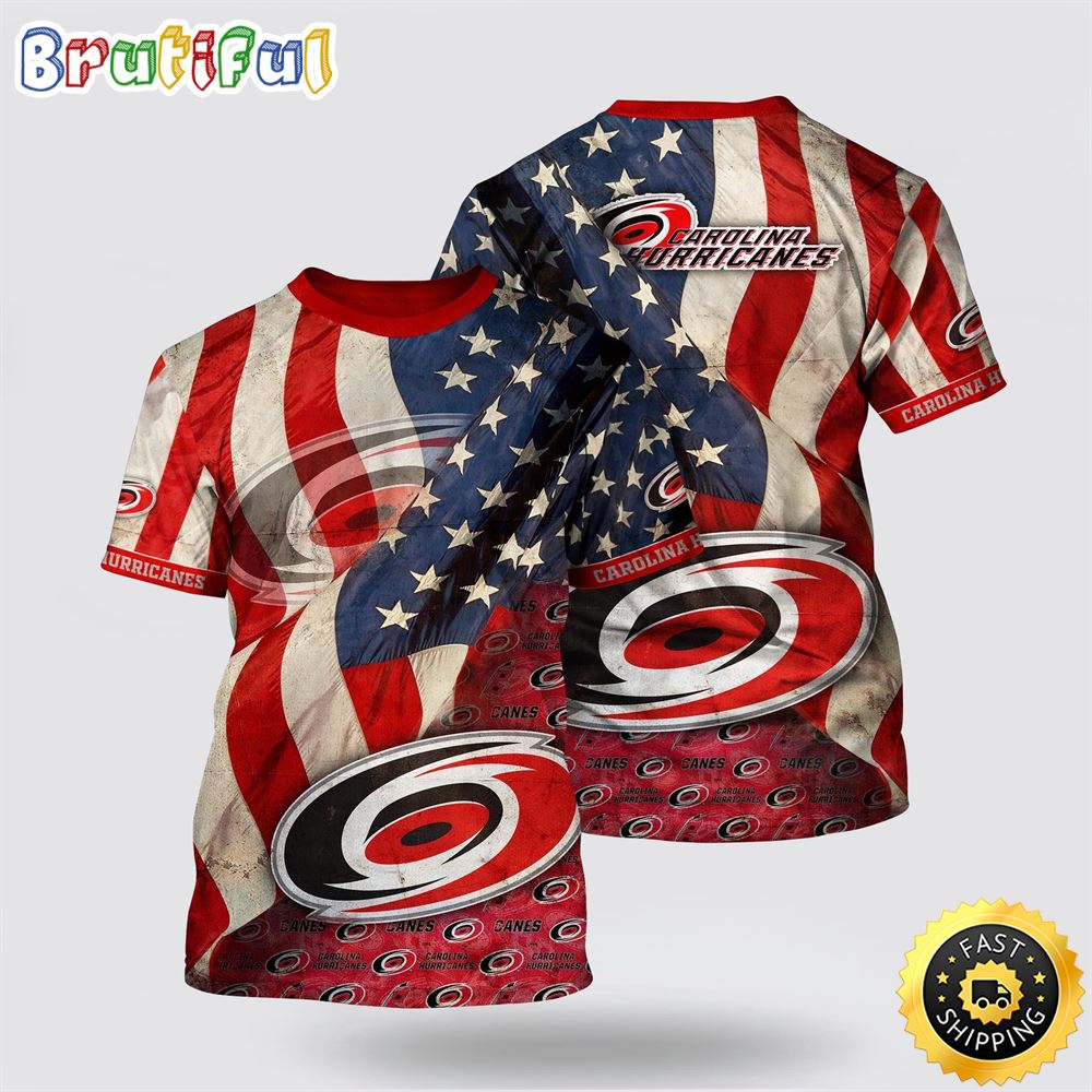 NHL Carolina Hurricanes All Over Print T Shirt With American Flag Pattern Summer T Shirt