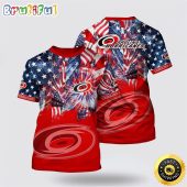 NHL Carolina Hurricanes All Over Print T Shirt With American Independence Day Pattern Summer T Shirt