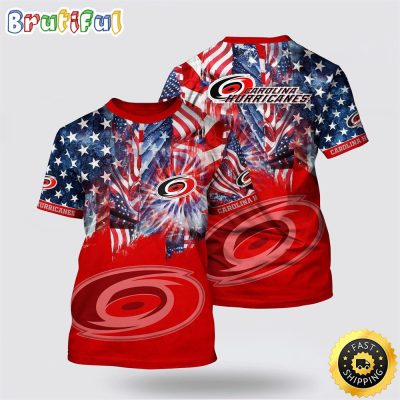 NHL Carolina Hurricanes All Over Print T Shirt With American Independence Day Pattern Summer T Shirt