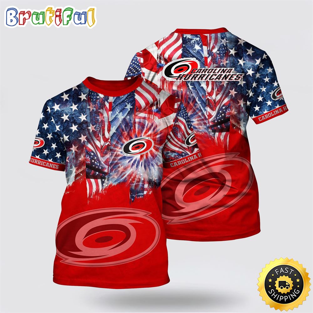 NHL Carolina Hurricanes All Over Print T Shirt With American Independence Day Pattern Summer T Shirt
