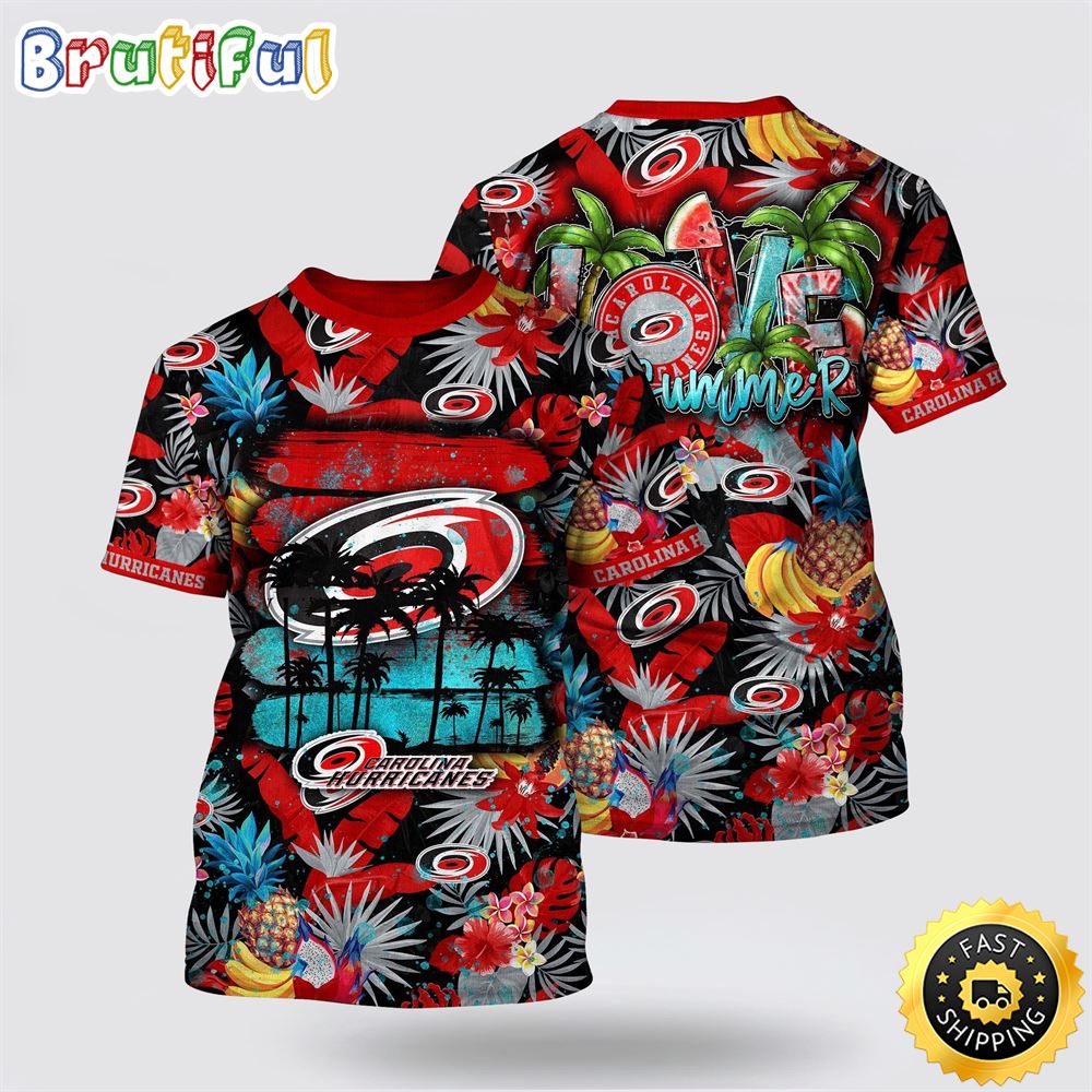 NHL Carolina Hurricanes All Over Print T Shirt With Tropical Fruits Summer T Shirt