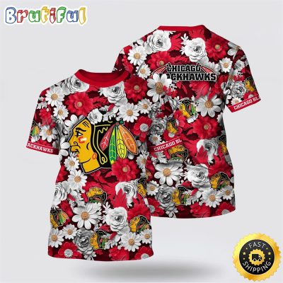 NHL Chicago Blackhawks All Over Print T Shirt Tropical Begonia Flower Pattern Summer T Shirt