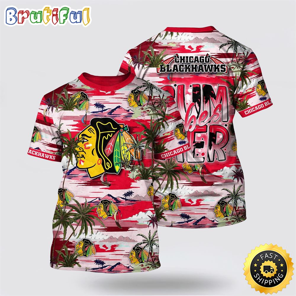 NHL Chicago Blackhawks All Over Print T Shirt Tropical Desert Island Motif Summer T Shirt