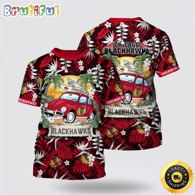 NHL Chicago Blackhawks All Over Print T Shirt Tropical Forest Motif Car Traveling Summer T Shirt