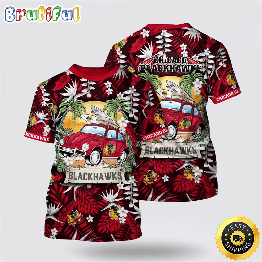 NHL Chicago Blackhawks All Over Print T Shirt Tropical Forest Motif Car Traveling Summer T Shirt
