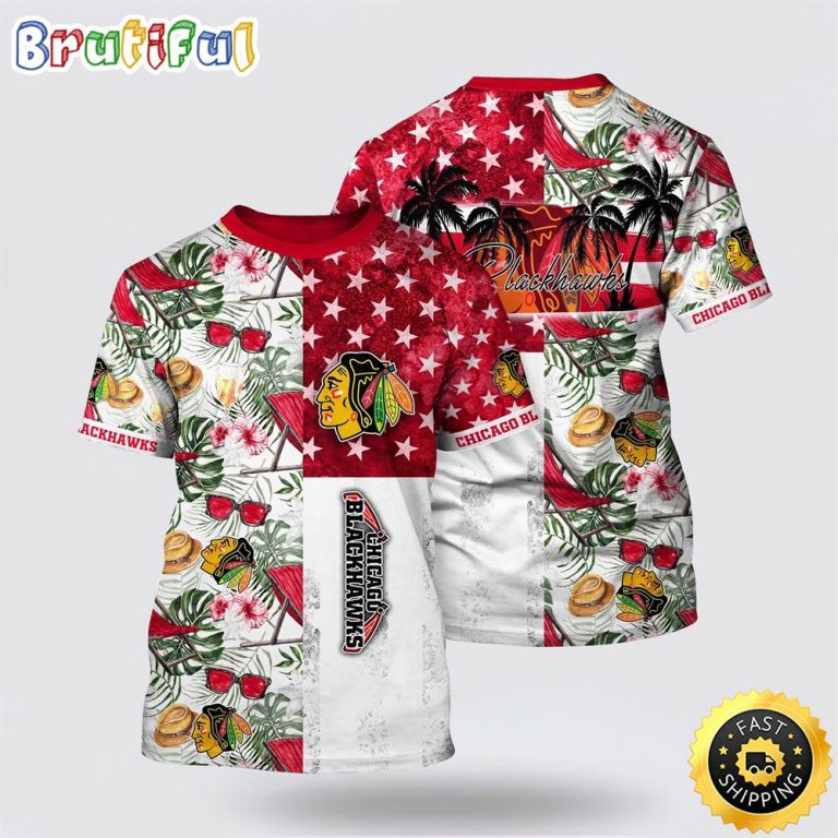 NHL Chicago Blackhawks All Over Print T Shirt Tropical Hat And Glasses Pattern Summer T Shirt