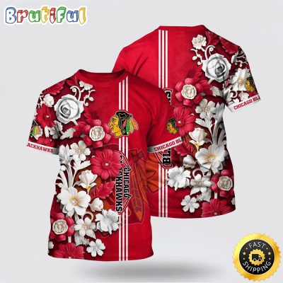 NHL Chicago Blackhawks All Over Print T Shirt Tropical Hepatica Floral Pattern Summer T Shirt