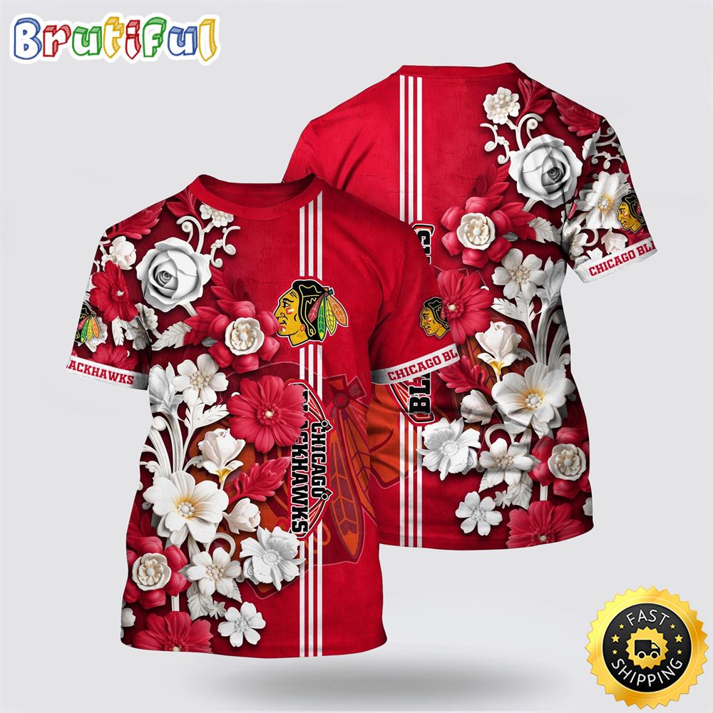NHL Chicago Blackhawks All Over Print T Shirt Tropical Hepatica Floral Pattern Summer T Shirt