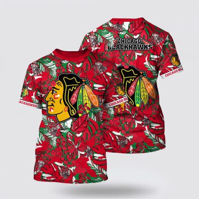 NHL Chicago Blackhawks All Over Print T Shirt Tropical Leaf Pattern Summer T Shirt